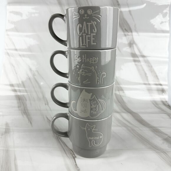 Cat's Life Signature Housewares Stoneware Stacking Coffee Mug Tower 4 Gray Cups - Picture 3 of 7